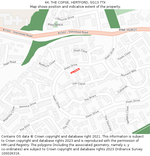 44, THE COPSE, HERTFORD, SG13 7TX: Location map and indicative extent of plot