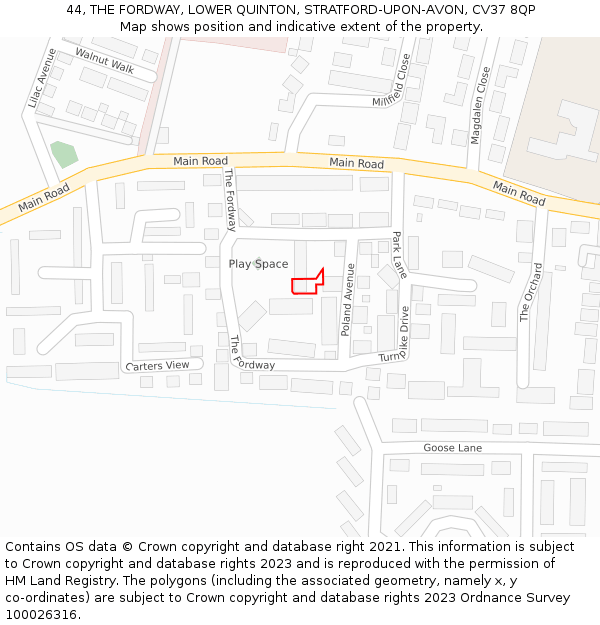 44, THE FORDWAY, LOWER QUINTON, STRATFORD-UPON-AVON, CV37 8QP: Location map and indicative extent of plot