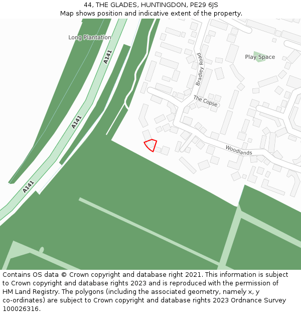 44, THE GLADES, HUNTINGDON, PE29 6JS: Location map and indicative extent of plot