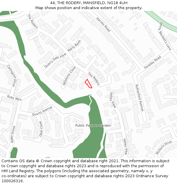 44, THE RODERY, MANSFIELD, NG18 4UH: Location map and indicative extent of plot