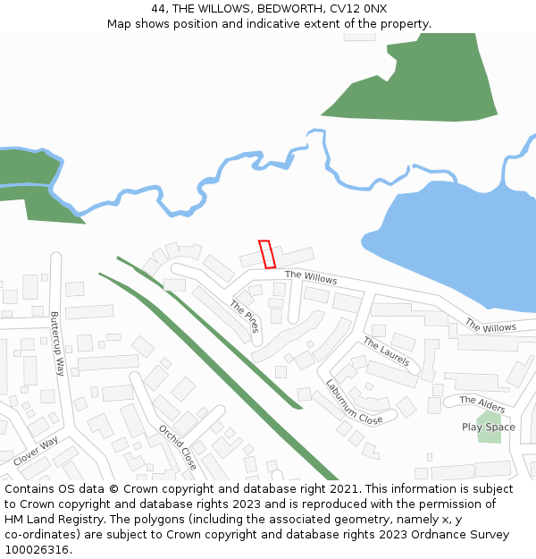 44, THE WILLOWS, BEDWORTH, CV12 0NX: Location map and indicative extent of plot