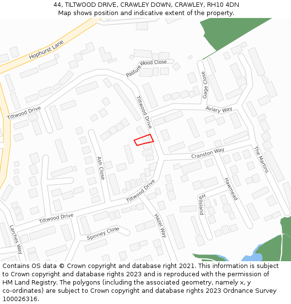44, TILTWOOD DRIVE, CRAWLEY DOWN, CRAWLEY, RH10 4DN: Location map and indicative extent of plot