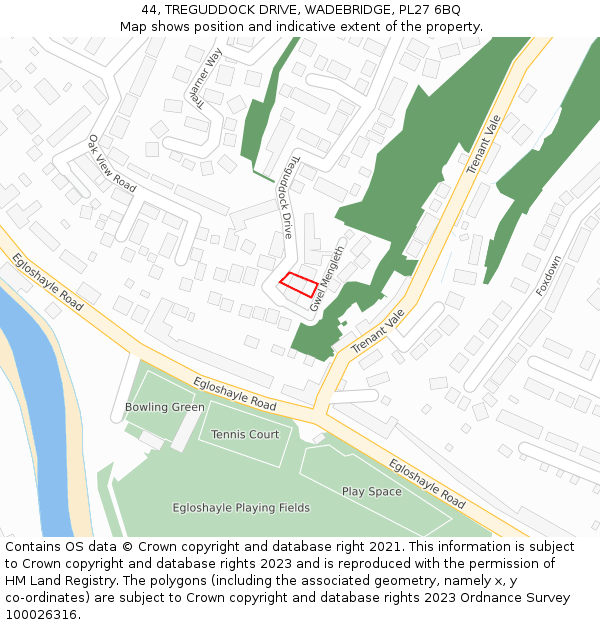 44, TREGUDDOCK DRIVE, WADEBRIDGE, PL27 6BQ: Location map and indicative extent of plot