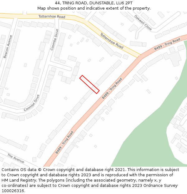 44, TRING ROAD, DUNSTABLE, LU6 2PT: Location map and indicative extent of plot