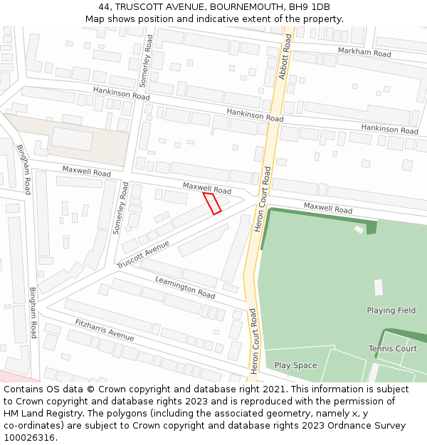 44, TRUSCOTT AVENUE, BOURNEMOUTH, BH9 1DB: Location map and indicative extent of plot