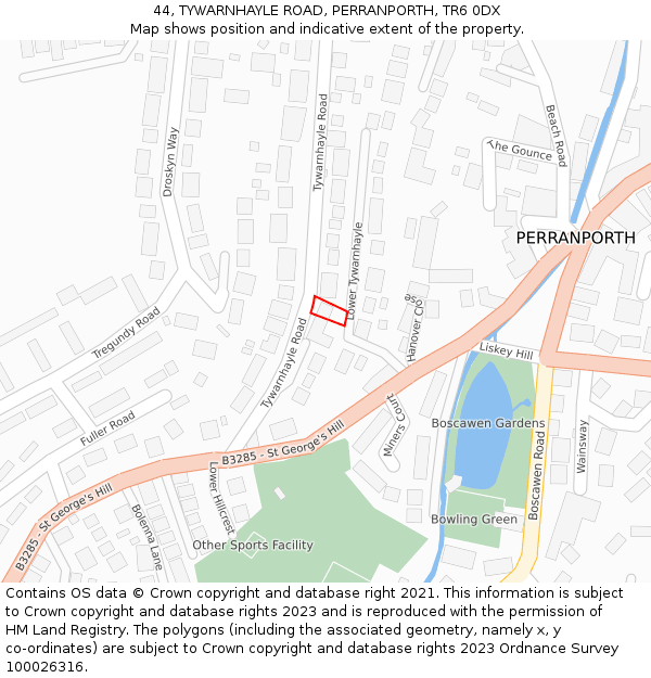 44, TYWARNHAYLE ROAD, PERRANPORTH, TR6 0DX: Location map and indicative extent of plot