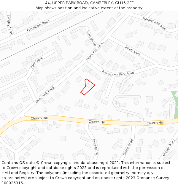 44, UPPER PARK ROAD, CAMBERLEY, GU15 2EF: Location map and indicative extent of plot