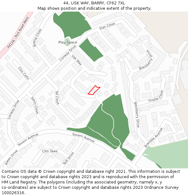 44, USK WAY, BARRY, CF62 7XL: Location map and indicative extent of plot