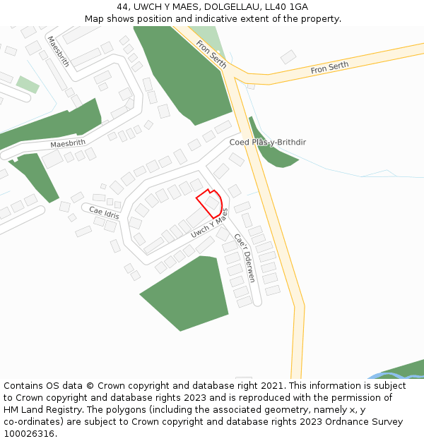 44, UWCH Y MAES, DOLGELLAU, LL40 1GA: Location map and indicative extent of plot
