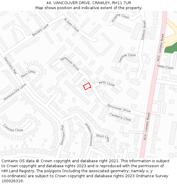 44, VANCOUVER DRIVE, CRAWLEY, RH11 7UR: Location map and indicative extent of plot