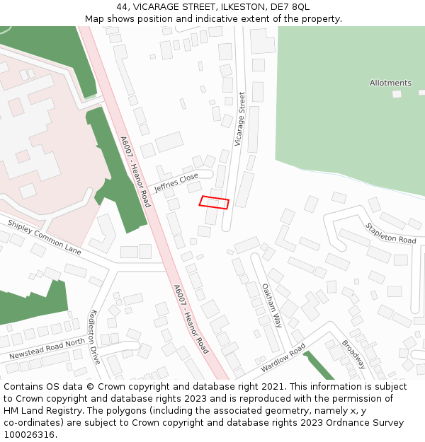 44, VICARAGE STREET, ILKESTON, DE7 8QL: Location map and indicative extent of plot