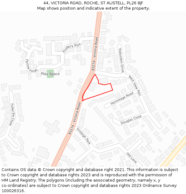 44, VICTORIA ROAD, ROCHE, ST AUSTELL, PL26 8JF: Location map and indicative extent of plot