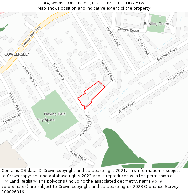 44, WARNEFORD ROAD, HUDDERSFIELD, HD4 5TW: Location map and indicative extent of plot