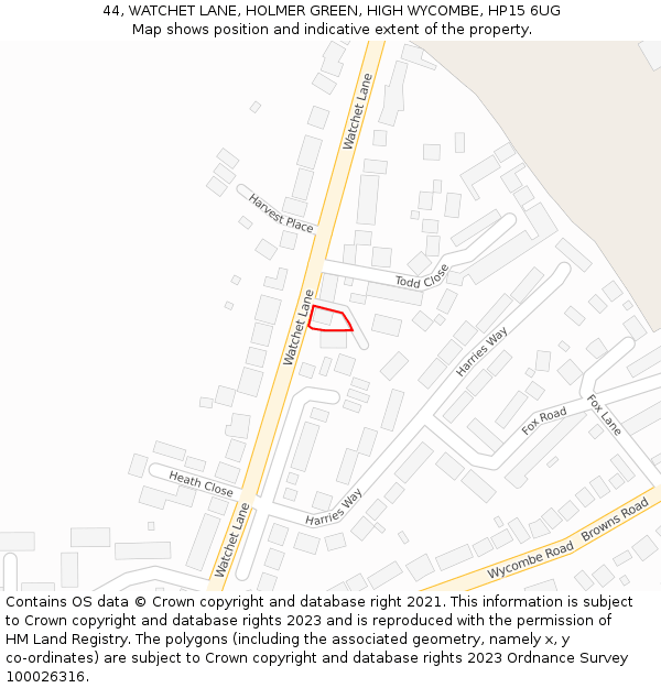 44, WATCHET LANE, HOLMER GREEN, HIGH WYCOMBE, HP15 6UG: Location map and indicative extent of plot