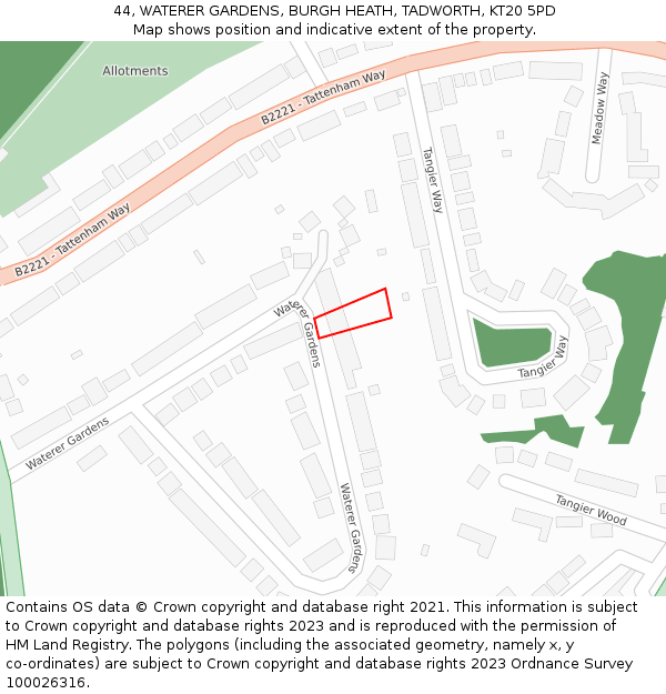 44, WATERER GARDENS, BURGH HEATH, TADWORTH, KT20 5PD: Location map and indicative extent of plot