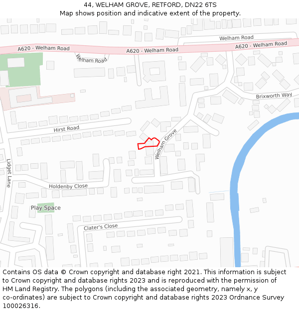 44, WELHAM GROVE, RETFORD, DN22 6TS: Location map and indicative extent of plot