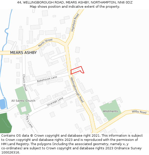 44, WELLINGBOROUGH ROAD, MEARS ASHBY, NORTHAMPTON, NN6 0DZ: Location map and indicative extent of plot