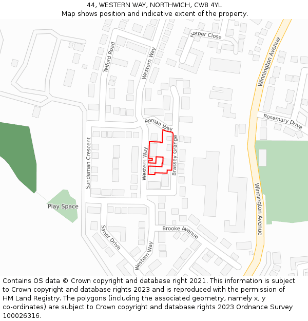 44, WESTERN WAY, NORTHWICH, CW8 4YL: Location map and indicative extent of plot