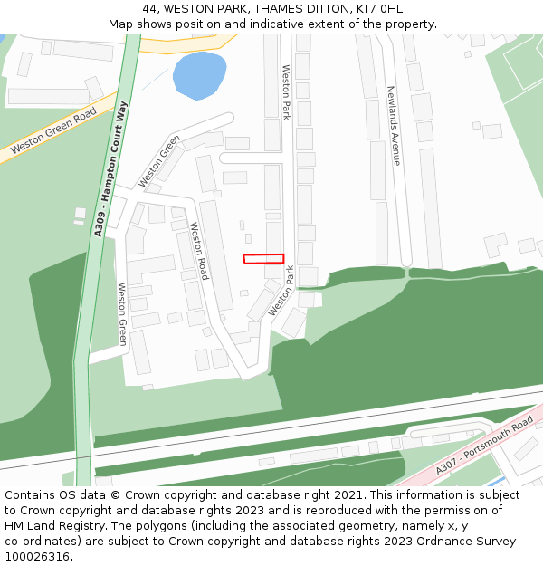 44, WESTON PARK, THAMES DITTON, KT7 0HL: Location map and indicative extent of plot