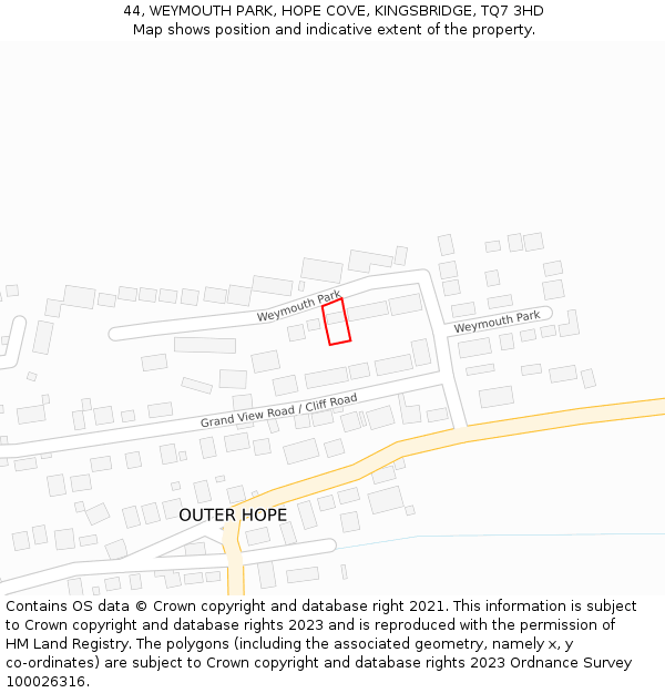 44, WEYMOUTH PARK, HOPE COVE, KINGSBRIDGE, TQ7 3HD: Location map and indicative extent of plot