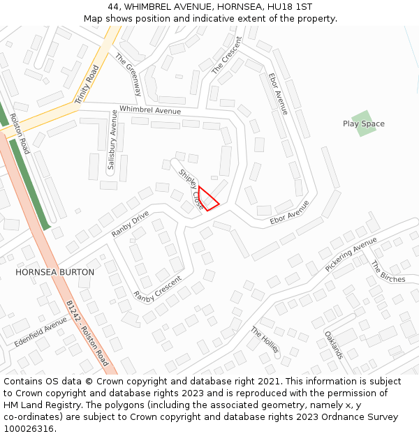 44, WHIMBREL AVENUE, HORNSEA, HU18 1ST: Location map and indicative extent of plot