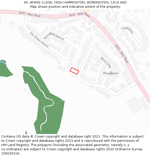 44, WHINS CLOSE, HIGH HARRINGTON, WORKINGTON, CA14 4AD: Location map and indicative extent of plot