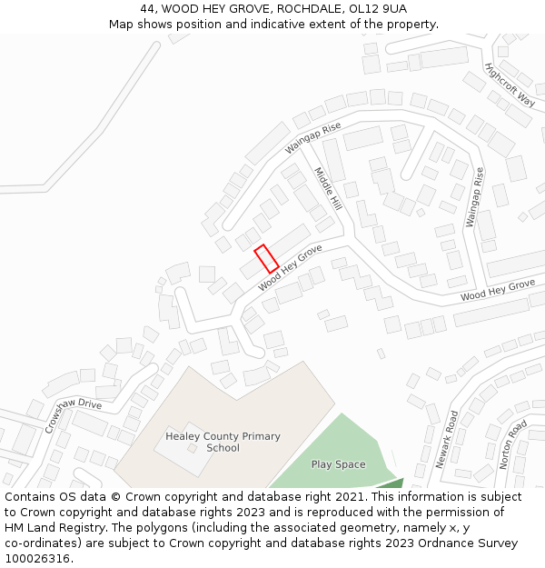 44, WOOD HEY GROVE, ROCHDALE, OL12 9UA: Location map and indicative extent of plot