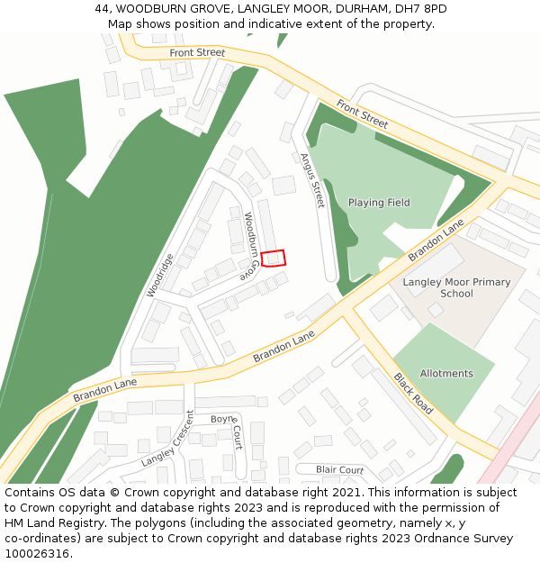 44, WOODBURN GROVE, LANGLEY MOOR, DURHAM, DH7 8PD: Location map and indicative extent of plot