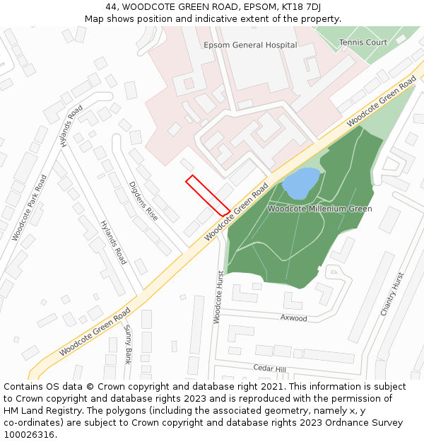 44, WOODCOTE GREEN ROAD, EPSOM, KT18 7DJ: Location map and indicative extent of plot