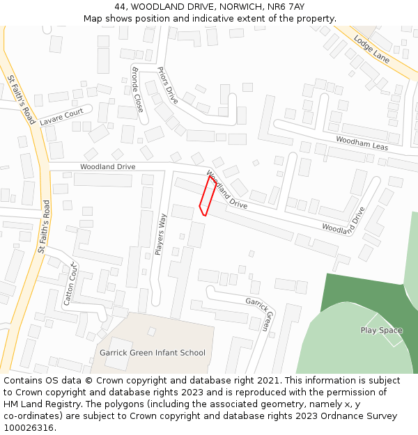 44, WOODLAND DRIVE, NORWICH, NR6 7AY: Location map and indicative extent of plot