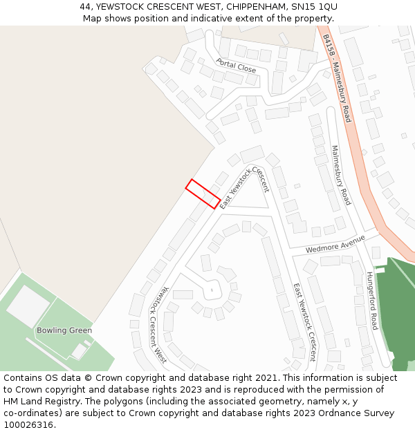 44, YEWSTOCK CRESCENT WEST, CHIPPENHAM, SN15 1QU: Location map and indicative extent of plot