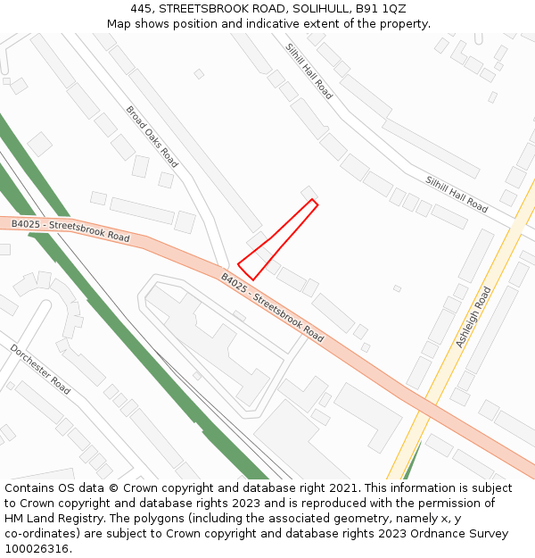 445, STREETSBROOK ROAD, SOLIHULL, B91 1QZ: Location map and indicative extent of plot