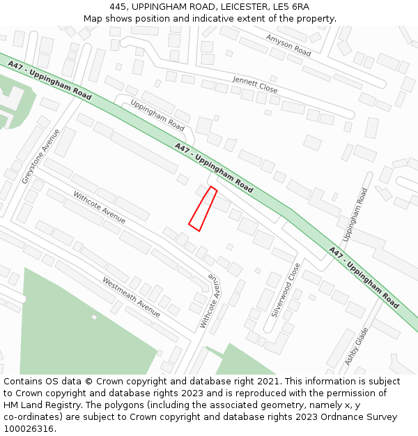 445, UPPINGHAM ROAD, LEICESTER, LE5 6RA: Location map and indicative extent of plot