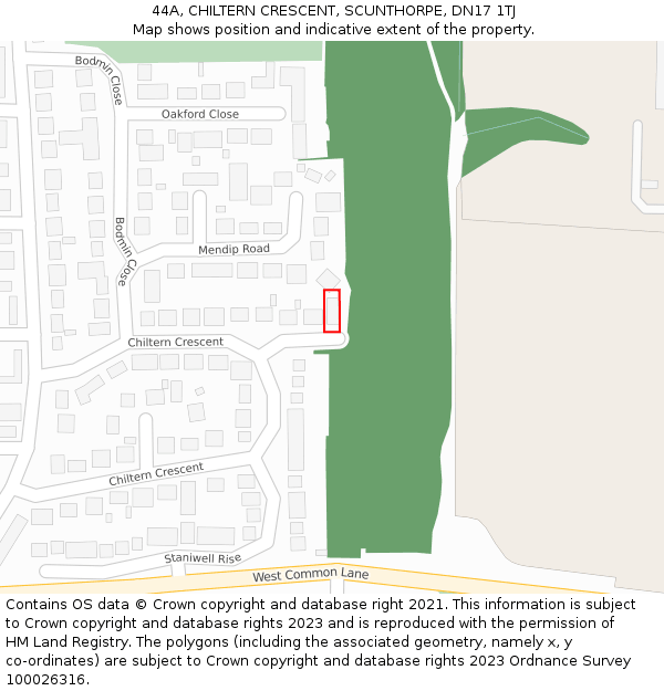 44A, CHILTERN CRESCENT, SCUNTHORPE, DN17 1TJ: Location map and indicative extent of plot