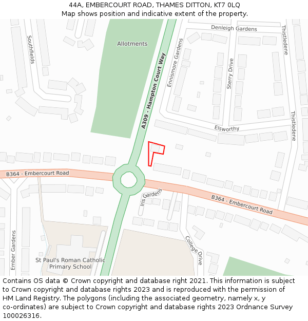 44A, EMBERCOURT ROAD, THAMES DITTON, KT7 0LQ: Location map and indicative extent of plot