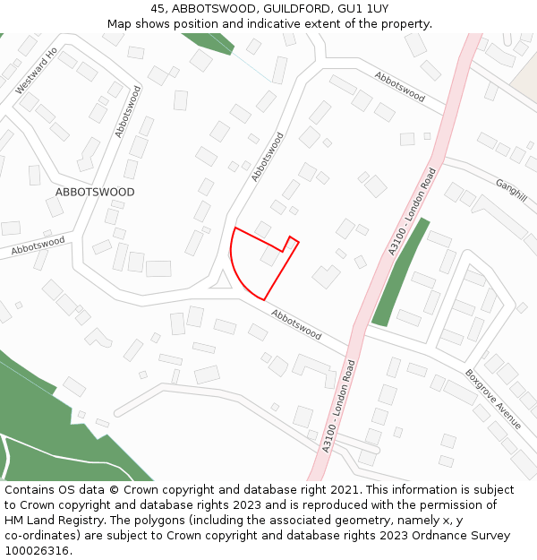45, ABBOTSWOOD, GUILDFORD, GU1 1UY: Location map and indicative extent of plot