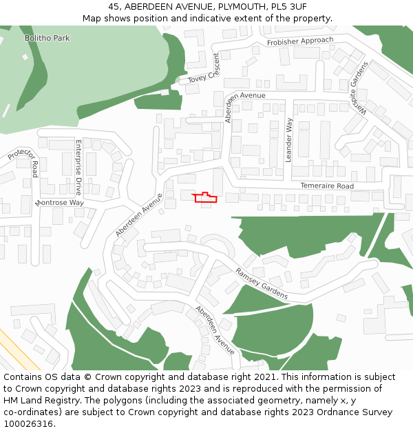 45, ABERDEEN AVENUE, PLYMOUTH, PL5 3UF: Location map and indicative extent of plot