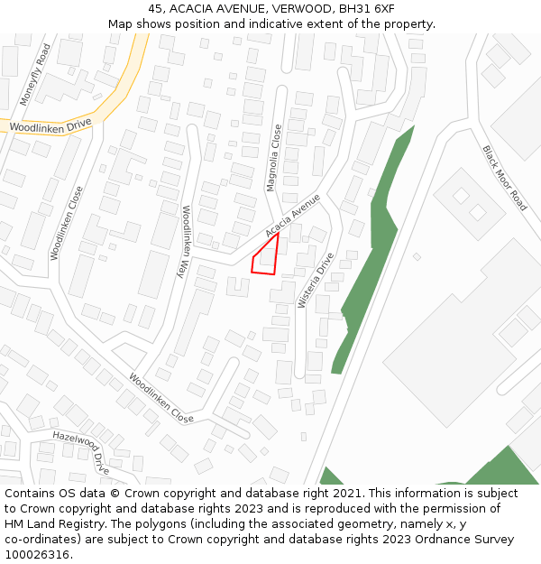 45, ACACIA AVENUE, VERWOOD, BH31 6XF: Location map and indicative extent of plot