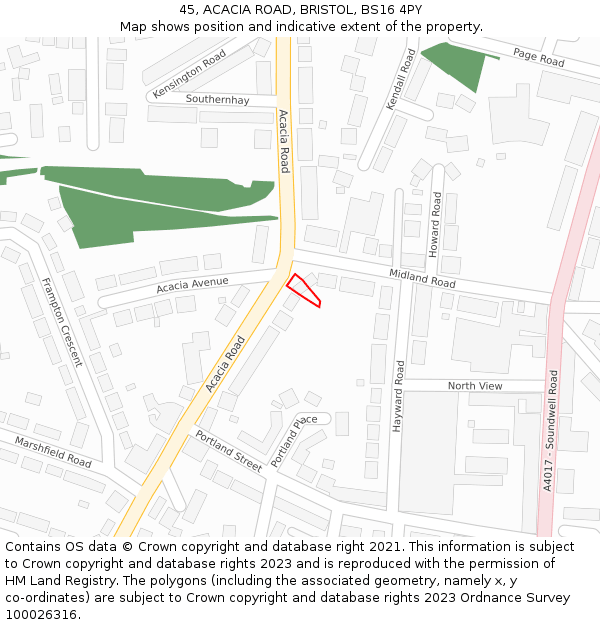 45, ACACIA ROAD, BRISTOL, BS16 4PY: Location map and indicative extent of plot