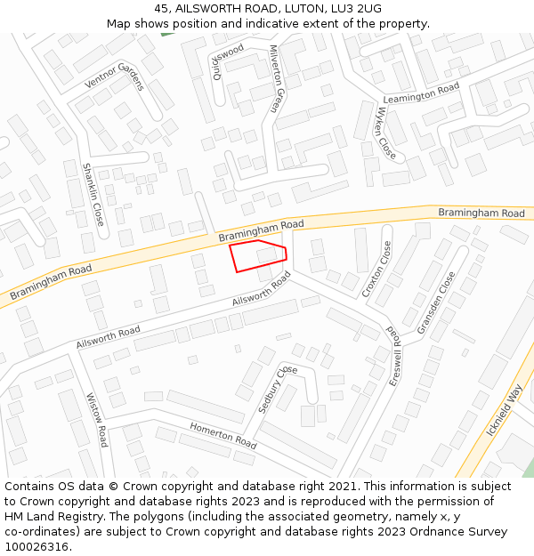 45, AILSWORTH ROAD, LUTON, LU3 2UG: Location map and indicative extent of plot