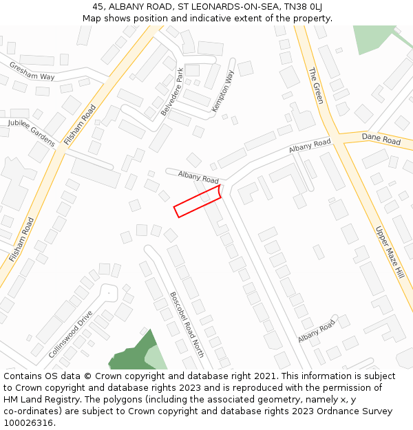 45, ALBANY ROAD, ST LEONARDS-ON-SEA, TN38 0LJ: Location map and indicative extent of plot