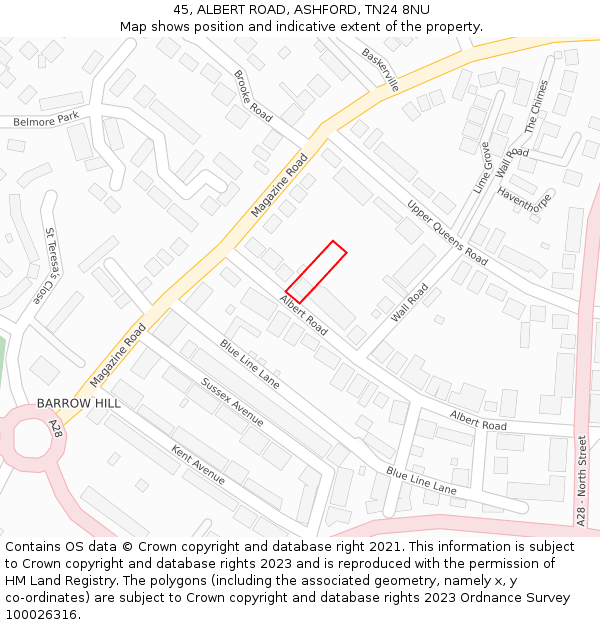 45, ALBERT ROAD, ASHFORD, TN24 8NU: Location map and indicative extent of plot