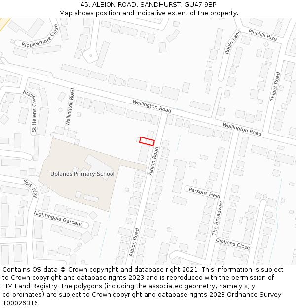 45, ALBION ROAD, SANDHURST, GU47 9BP: Location map and indicative extent of plot