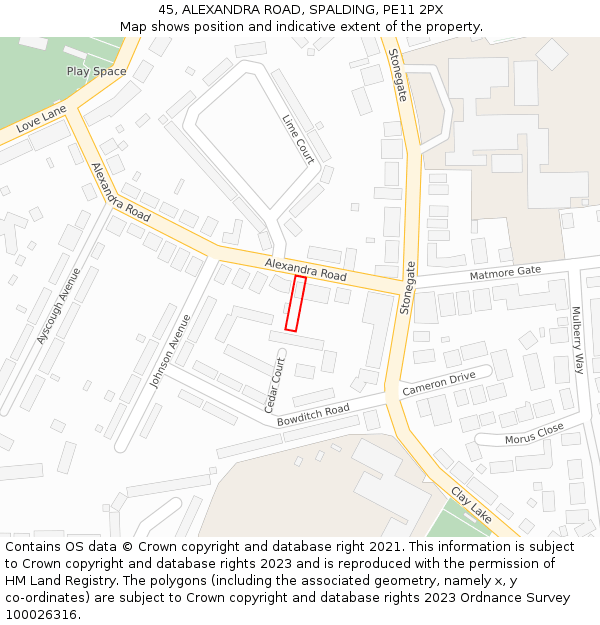 45, ALEXANDRA ROAD, SPALDING, PE11 2PX: Location map and indicative extent of plot