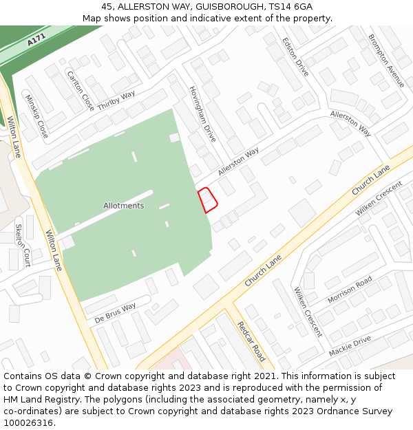 45, ALLERSTON WAY, GUISBOROUGH, TS14 6GA: Location map and indicative extent of plot