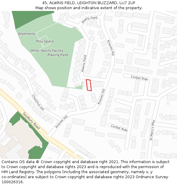 45, ALWINS FIELD, LEIGHTON BUZZARD, LU7 2UF: Location map and indicative extent of plot