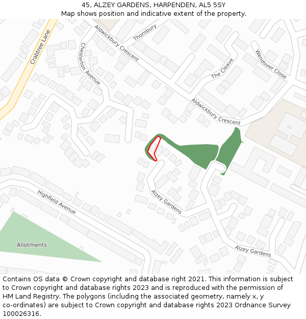 45, ALZEY GARDENS, HARPENDEN, AL5 5SY: Location map and indicative extent of plot