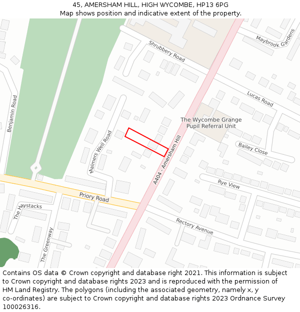 45, AMERSHAM HILL, HIGH WYCOMBE, HP13 6PG: Location map and indicative extent of plot