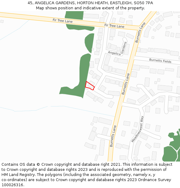 45, ANGELICA GARDENS, HORTON HEATH, EASTLEIGH, SO50 7PA: Location map and indicative extent of plot