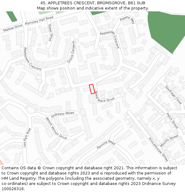 45, APPLETREES CRESCENT, BROMSGROVE, B61 0UB: Location map and indicative extent of plot